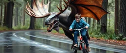 moose dragon rex with powerful wings in forest by the wet shiny road taking a bite of a youth nerd with glasses on a scooter