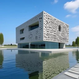 A large, modern, cuboid building with abstract-shaped cutouts stands centrally on a concrete slab that extends over calm, blue water. The building is made of a light gray material, possibly concrete, and its front facade is perforated with various organic, irregular holes, revealing glimpses of the interior and reflections of the sky and surroundings.