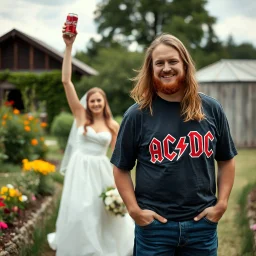 focus on a bride and groom serious wedding photo in a country garden, in far background queasy man with long hair in an AC/DC t shirt and jeans smiling goofily raising a budweiser can, photobomb, photoreal HD quality