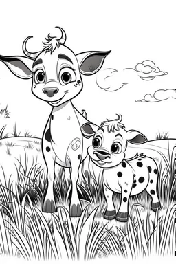 A little cute calf in black and white patches plays in the meadow next to his mother, pixar style, clean vector graphics, coloring book, black and white
