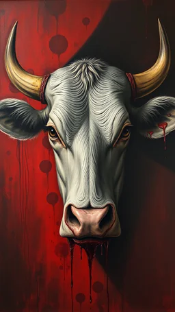 Bosch style painting , A shadow of a spirit inside a Slaughtered cow head with eyes open wide details on red bloody background