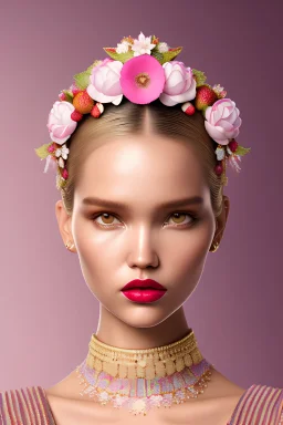 Sasha Luss with pink lipstik, wearing mask made of strawberries and white petals looking down on dark pink wallpapers background, in Art Deco style, an ultrafine hyperdetailed illustration by kim jung gi, irakli nadar, intricate linework, bright colors, octopath traveler, final fantasy, unreal engine 5 highly rendered, global illumination, radiant light, detailed and intricate environment, burgundy background