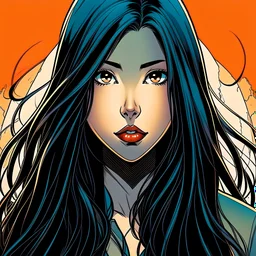 Teenage girl with long black hair, brown eyes front facing, looking into the camera, marvel comic book style,