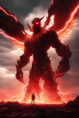 Facing off against a God like final boss divine being, red eyes, fire, lightning, huge, destroyed landscape, wings, energy, aura, heavenly, ominous, powerful, thunder, UHD, 8k, volumetric lighting, dynamic lighting, color correction, good iso, in the clouds,