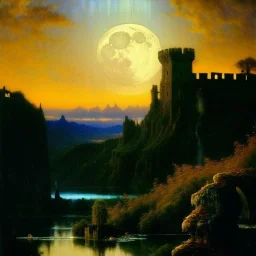 Drawing of 'Medieval Romanian Castle',bats,mountain,lake,full moon, by gaston bussiere, greg rutkowski, yoji shinkawa, yoshitaka amano, tsutomu nihei, donato giancola, tim hildebrandt, oil on canvas, cinematic composition, extreme detail,fit full head inside picture,16k