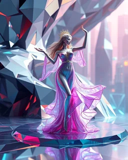 very complex structure ,pretty viberating color environment 3d metalic and crystal recursive animating beveled geometric base very complex structure future world evolving background and realistic modern goddess lady in pretty cleric dress comes out dancing gracefully , viberating color moving very in modern city escape environment while camera tracking it.