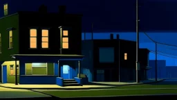 oil painting of an empty street corner at night, with low wall and blue painted walls with signs in the style of Edward Hopper --ar 64:51 --v 5.2