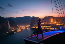 A modern city at the foot of the mountain. The entrance valley with a waterfall from a high rock.and huge sea with a very big ship in it, A beautiful lady dancer showing her performance in a poen stage on deck of ship in a top and midi skirt. at night ,dynamic color turnning lights