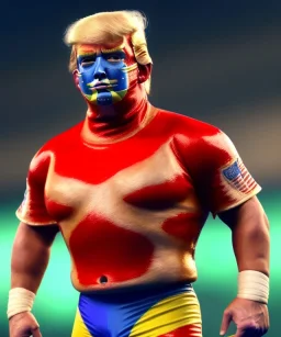 Realistic image of Donald trump wrestler, Mexican wrestling style, Mexican wrestling mask, chin and nose visibles, red and blue breeches, glow us flag dress, suspenders, retro style, 80s, vibrant color, highly detailed, sky background, concept art, unreal engine 5, god rays, ray tracing, RTX, lumen lighting, ultra detail, volumetric lighting, 3d, finely drawn, high definition, high resolution.