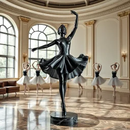 photo of a statue of ballerina made of black marbel in a modern ballroom with some exersising ballerinas