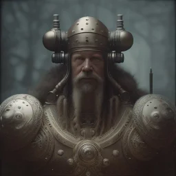 A viking with muscles and blaids, hr giger, scary, steam punk, realistic, made in octane, cinematic, ultra-realistic, extremely detailed octane rendering, 8K, VRAY Super Real ar 2:3, dof photorealistic futuristic 50mm lens hard lighting dark gray tintype photograph, realistic lighting, sepia color