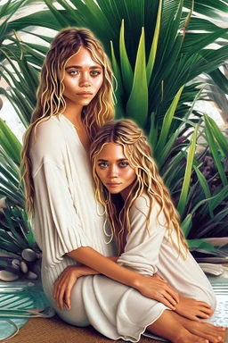 ((Mary-Kate and Ashley Olsen a warm hug)),Nestled against the backdrop of swaying palms and colorful tropical flora, the woman embodies an idyllic vision of seaside repose. Seashells and small pebbles create a delicate mosaic at the base of her lounger, mirroring the natural beauty surrounding her. A subtle fragrance of salt and coconut oil lingers in the air, enhancing the sensory tapestry of the scene.