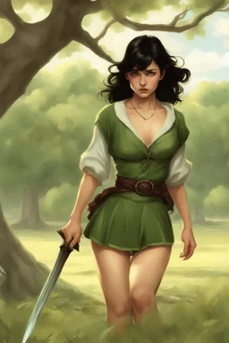 A young dark-haired witch in a green low-cut short skirt, standing under a tree, with a sword in one hand, photorealistic, delicate detail.