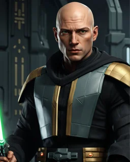 star wars bald male corellian jedi pilot wearing black and gunmetal grey old republic armored robes with gold trim inside the jedi temple holding a lightsaber with viridian green blade in left hand, centered head and shoulders portrait, hyperdetailed, dynamic lighting, hyperdetailed background, 8k resolution, volumetric lighting, light skin, fully symmetric details