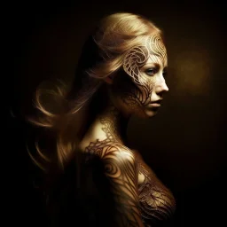 Create an surrealistic abstract image of a female figure with an artistic flare, The figure is front facing from the viewer, looking over her the side left shoulder which reveals her side profile. She has light-toned skin and an elegant, slender body shape. Her flowing hair is visible her head is adorned with an intricate, lace-like mask that resembles a abstract Mandala design, covering her hair entirely in predominantly vibrant shades of pinks, yellows with hints of turquoise and black. The "