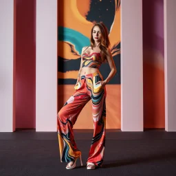 picture of lady with a top and cifi pants stye design posing in a modern art stage