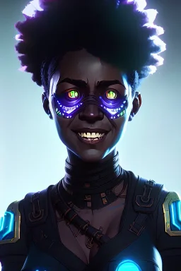 portrait,beautiful black woman smiling, glowing eyes, afro hair, post-apocalyptic in a cyberpunk city, realistic, intriacte detail, sci-fi fantasy style, volumetric lighting, particales,highly detailed,cinamatic, deep colours,8k