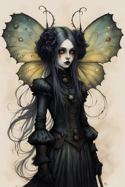 Jean-Baptiste Monge style 19th century hand drawn full body portrait dark gothic fantasy illustration of a walking hybrid Comet moth goth girl, with highly detailed facial features with large sad eyes, drawings, 8k, vibrant natural colors, otherworldly and fantastic