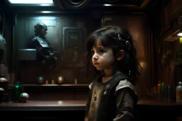 Little girl with dark hair in Cyberpunk wunderkammer painted by Rembrandt, unsane details, soft colors