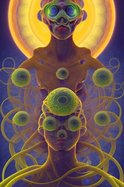 Spiritual being with Tentacles over human Head creating reality around, wrapping Spiral around Human, Psychedelic