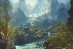 mountain river flows through a fantasy landscape gorge. a big blue lake in the middle of the mountains. fabulous nature, amazing seascape, highly detailed, digital painting, artstation, concept art, smooth, sharp focus, illustration, art by greg rutkowski and alphonse mucha