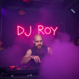 A DJ performing at dance club, his name DJ ROY and looks crazy, bald with beard. Neon lights and smog, DJ ROY SIGN ON WALL