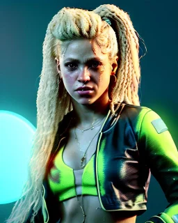 portrait, Shakira, blonde artist, angry, Realistic image, MMA robe, hoodie, mouthguard, band aid, loose long hair, eyes make up, line gold make up, glow, circle iris. Rain, fog, Neon colors, leds. Dark background, photo studio, concept art, smooth, unreal engine 5, god lights, ray tracing, RTX, lumen lighting, ultra detail, volumetric lighting, 3d, finely drawn, high definition, 4k.