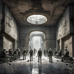 Transhuman society with people working dim concrete room totalitarian