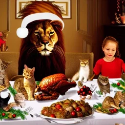 Cats and children eating Christmas dinner with alien lion and floating ball, and exquisitely decorated turkey and HR giger alien