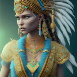 Indian, 12k, ultra high definition, finely tuned detail, unreal engine 5, octane render, ultra-realistic face, realistic headdress, detailed turquoise jewellery, detailed hair, detailed feathers, full-frame shot