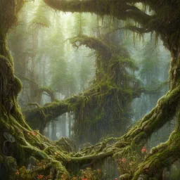 high-quality, fine-detail beautiful, breath-taking forest with gnarled trees, flowers, clear reflective lake, tranquil, stunning, 8k resolution, intricate, digital art, detailed matte, volumetric lighting, George Grie, Anne Dittman, Anne Stokes, Lisa Parker, Selina French, Alphonse Mucha