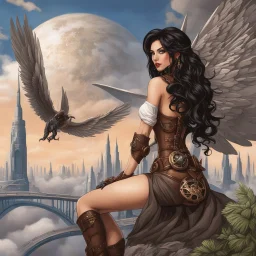 exotic sci-fi steampunk pin-up girl, with long dark hair and wings, on an alien planet with cloud trees, tall spires, buildings, bridges, arches