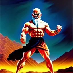 Drawing of 'Master Roshi',buff up,kamekameha,painting by Earl Norem, simon Bisley,frazetta,Howard,西嘛哒, evan lee, Vallejo,kelly oil on canvas, cinematic composition, extreme detail,fit full body inside picture,8k