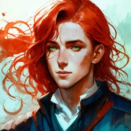 dnd, fantasy, watercolour, stylistic, portrait, illustration, dull colours, male, face, narrow face, green eyes, determined, happy, red hair, very long hair streaming down the shoulders, radiating light, five o'clock shadow