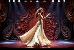 modern stage with dark-brown cream theme artistic decoration , color full dynamic lighting, a beautiful lady in maxi dress with shining silver jewels ,curvy long hair,dancing, 3D recursive fractal structure animating background