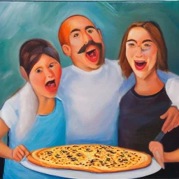 Three happy people eating pretzel pizza,oil painting