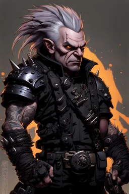 3d , fierce expression, pale ashen skin, short grizzled man, halfling, purple spiky hair, black detailed heavy metal armor, spiky black metal shoulderpad, black armored metal pants, realistic, realism,yellow eyes, belt, multiple weapons sheated, chain strapped on the belt