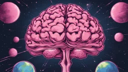 Comic style, bare transparent pink human brain flying trough the universe, background galaxy's