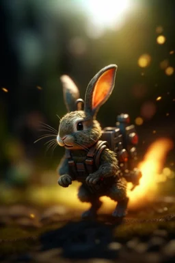 military bunny dragon breath fire wearing rocket backpack jet boosters going in for landing, prize winning oil painting,bokeh like f/0.8, tilt-shift lens 8k, high detail, smooth render, down-light, unreal engine