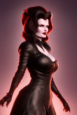 Geena Davis as evil queen in black leather, leather, busty, cleavage, angry, rage, stern look. character design by cory loftis, fenghua zhong, ryohei hase, ismail inceoglu and ruan jia. unreal engine 5, artistic lighting, highly detailed, photorealistic, fantasy