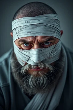 a very sad hurt swedish fat man with beard, he is covered all the body with bandage and are in deep pain, only the eyes, l