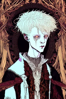 Emo, albino, teen, goat horned, satyr, alchemist, in the style of Harry Clarke