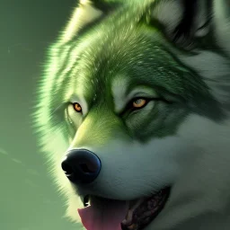 Green Wolf, red eyes, 8K, cinematic lighting, sharp focus, masterpiece, expert