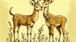 a whimsical illustration of 2 deer, a female deer on the left with body facing left but is looking back to the right, while on the right is a male deer facing left with a look of mild excitement while he glancing at the other's butt, both have upward tails