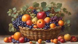 In the center of the composition, a variety of fruits such as ripe apples, juicy oranges and succulent grapes are artfully displayed in a woven basket, whose vibrant colors add a touch of freshness to the scene. The fruits exude a sense of natural beauty and abundance