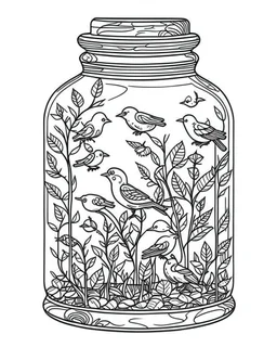 birds on tree life in jar minimalistic, line art, background, vector, svg, coloring book page style, black outline on white background