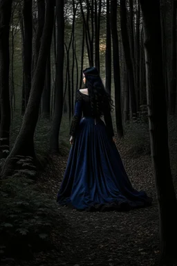 A princess in a dark indigo dress and very long black hair walks through a dark forest full of trees with her knight