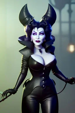 Mae West as evil queen in black leather, leather, busty, cleavage, angry, stern look. character design by cory loftis, fenghua zhong, ryohei hase, ismail inceoglu and ruan jia. unreal engine 5, artistic lighting, highly detailed, photorealistic, fantasy