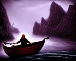 Charon the ferryman in his boat on the river Styx, red black purple colours, 8k, high definition, fantasy art, winding river, sharp jagged rocks, high contrast colours, sharp detail,