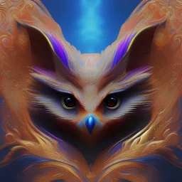 A portrait of a magical creature, mythical, fantasy , magnificent, majestic, highly intricate, Realistic photography, incredibly detailed, ultra high resolution, 8k, complex 3d render, cinema 4d, owl/fox, creature hybrid, high resolution photo, trending on artstation, psychedelic, blacklight colors, mandala